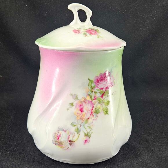 Antique Victorian Floral Hand Painted delicate porcelain Biscuit Jar w Lid